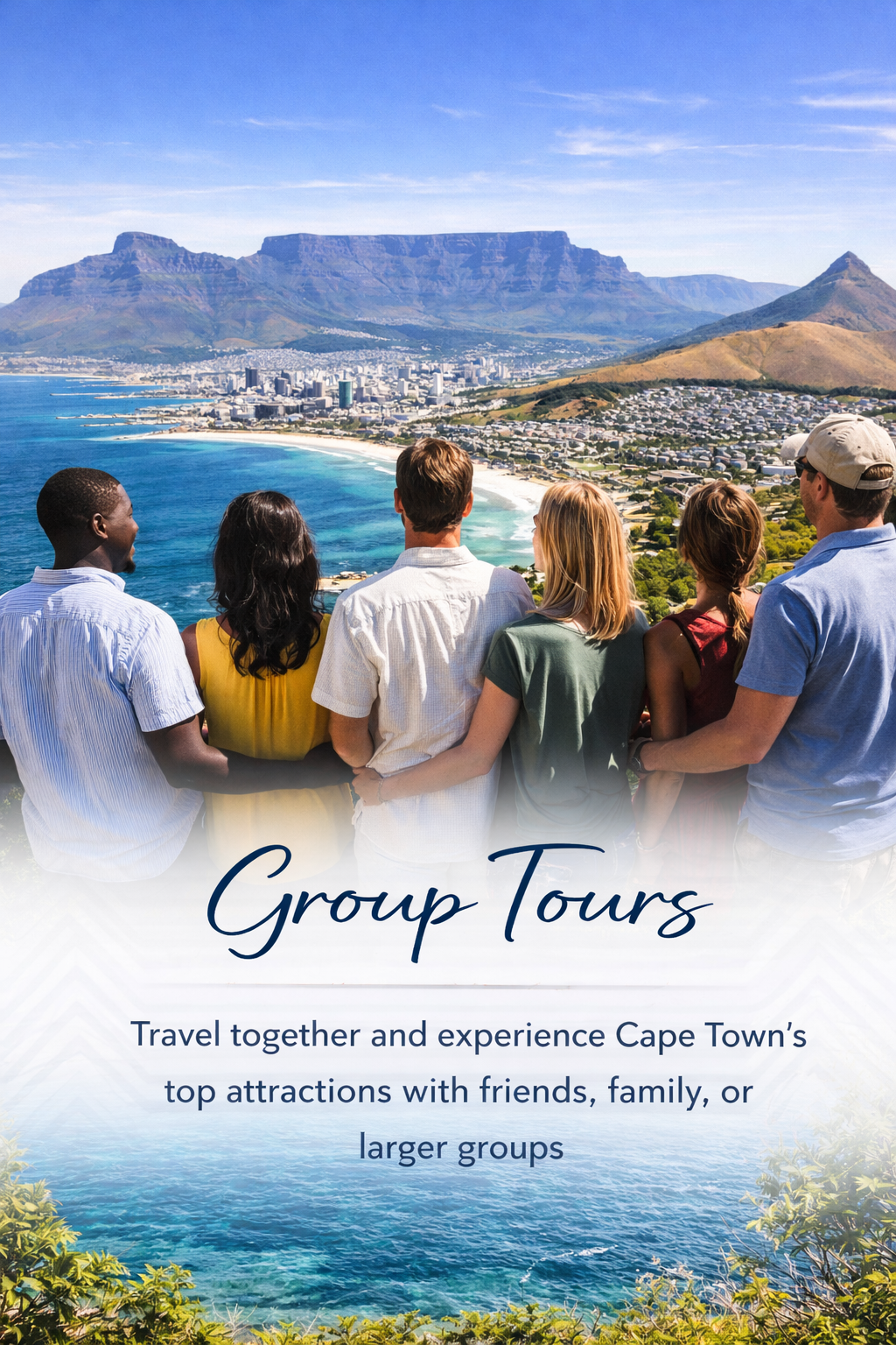 Group tour in Cape Town with travelers enjoying scenic mountain and coastal views