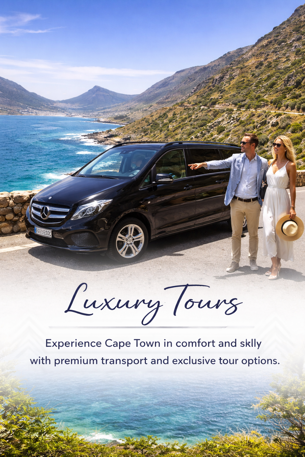 Luxury tour vehicle in Cape Town with scenic coastal road and premium travel experience