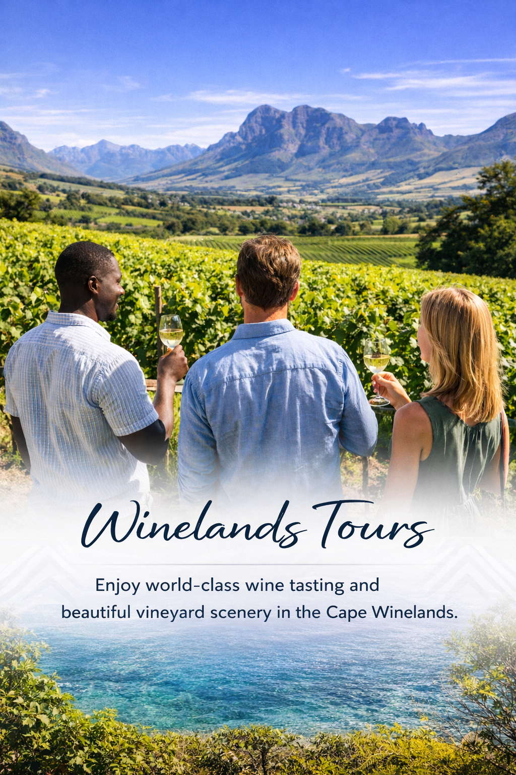 Cape Winelands tour with visitors enjoying vineyard views near Cape Town</p>
<p>Caption
