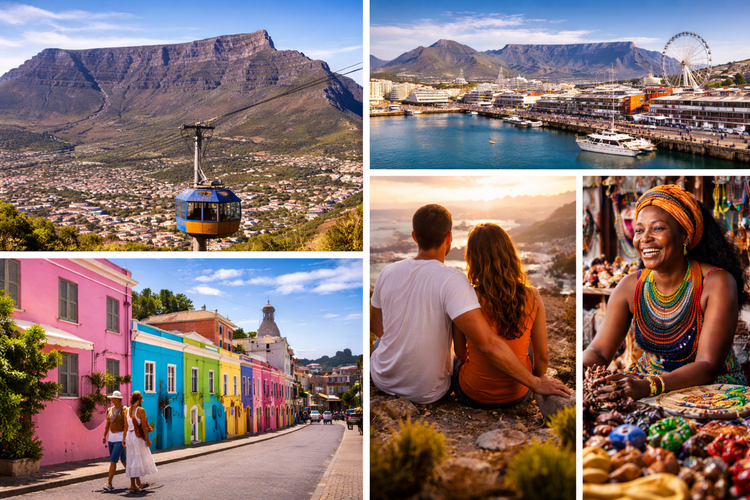 Cape Town city tour collage featuring Table Mountain, Bo-Kaap and the V&A Waterfront