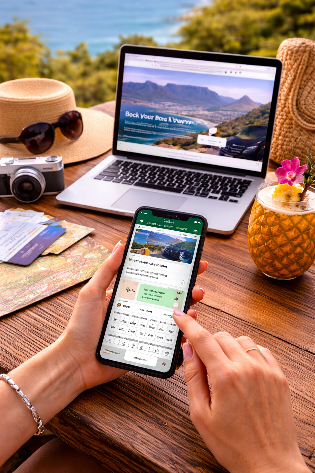 Booking a Cape Town tour online using a smartphone and laptop with travel planning items on table