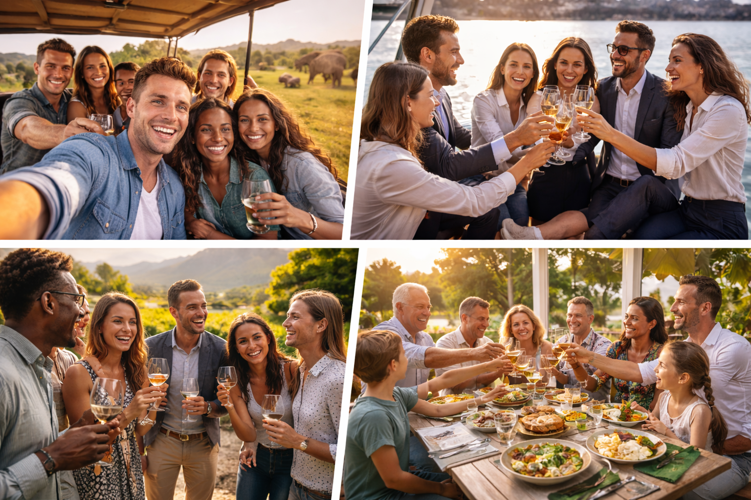 Group tours collage showing friends, families and corporate travelers enjoying shared experiences