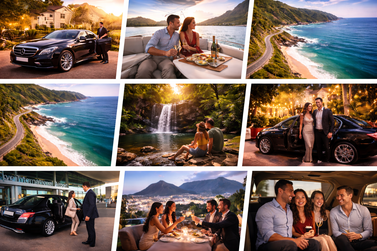 Cape Town tours collage showing luxury travel, coastal drives, airport transfers and dining experiences