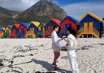 Colorful Muizenberg beach huts in Cape Town during guided tour experience